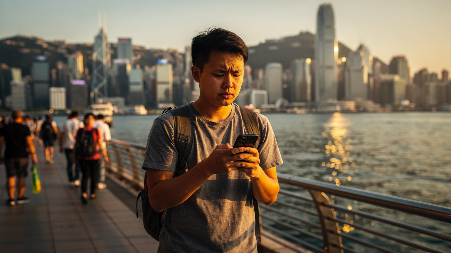 香港繁忙的街道上,一位旅人低頭查看手機,眉頭微蹙,似乎遇到了網絡問題,背景是維多利亞港和天際線。