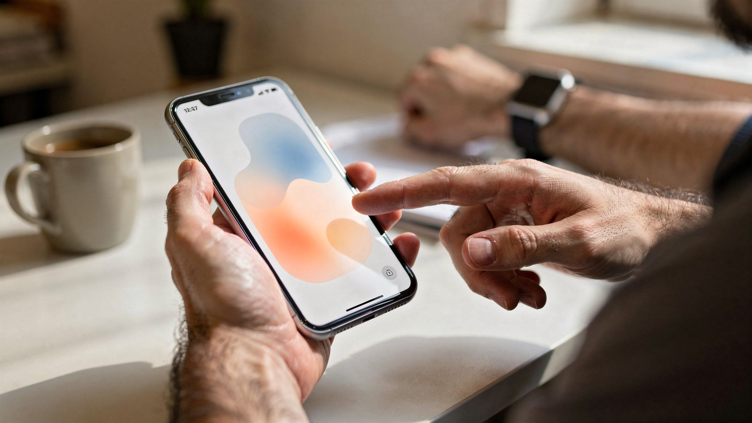 Nærbilde av en hånd som holder en iPhone og navigerer gjennom Apple Watch-appen for å konfigurere eSIM-innstillinger.