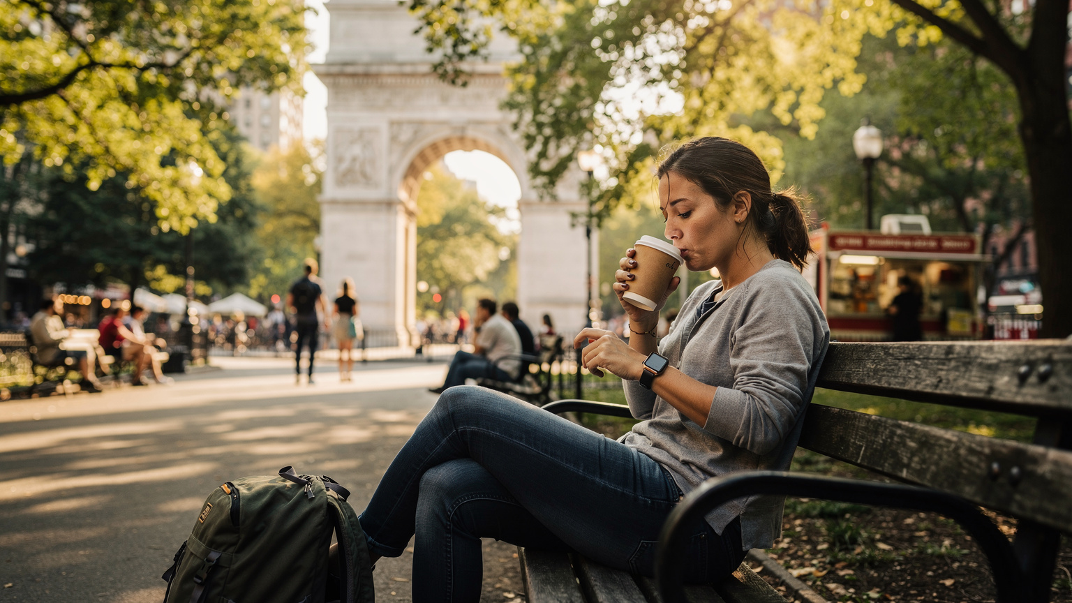 En reisende sitter på en benk i en amerikansk park, nipper til en kopp kaffe og ser på klokken, mens en tradisjonell amerikansk matvogn kan skimtes i bakgrunnen.