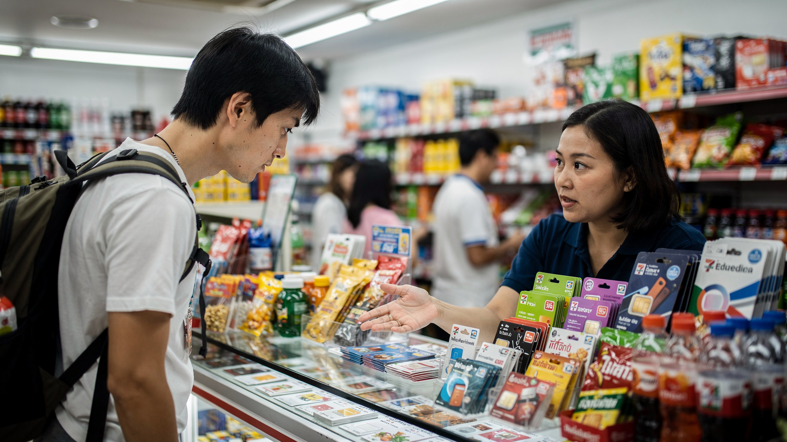 タイのバンコクにある地元のセブンイレブンで、日本人旅行者が店員と英語で会話しながら、様々なタイ語パッケージの物理SIMカードを検討している場面。