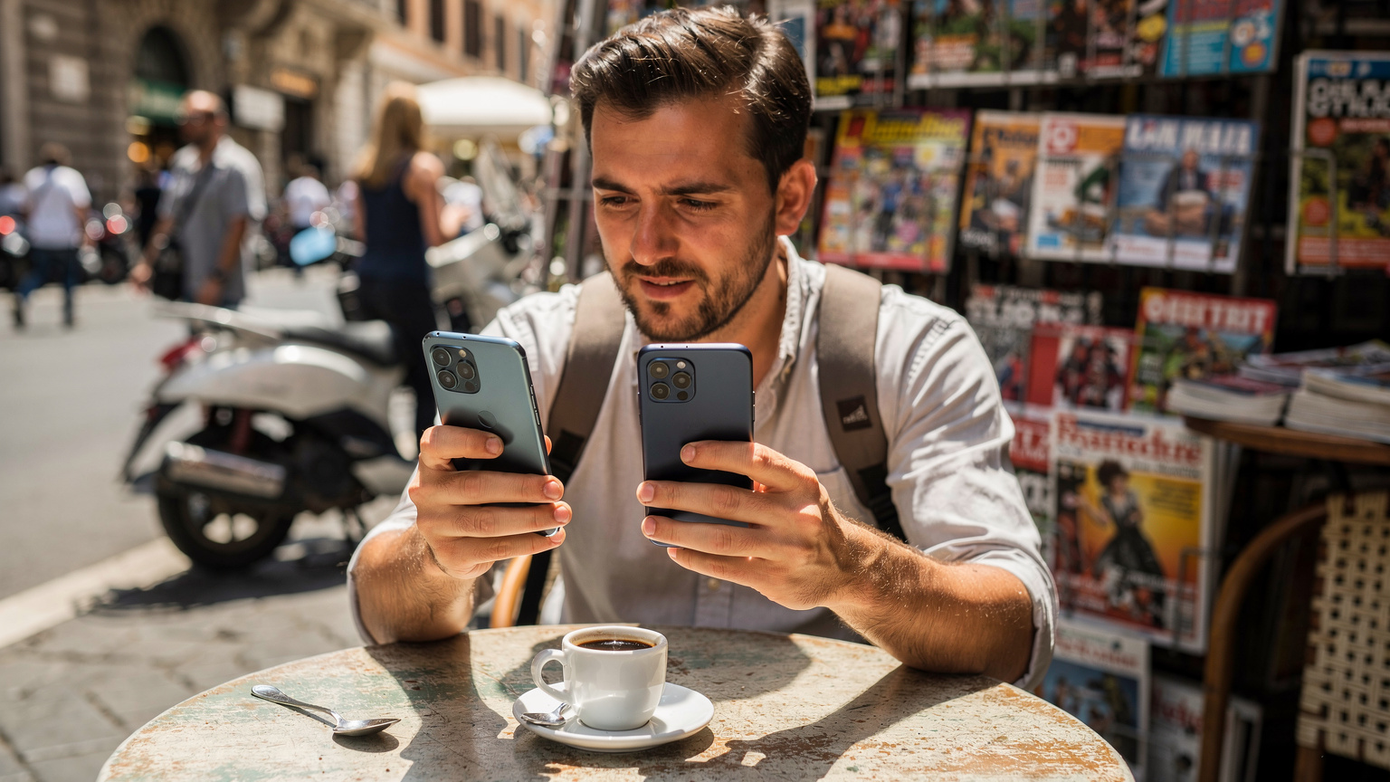 Un călător român folosește două telefoane, unul cu eSIM și altul cu SIM fizic local, comparând performanța rețelei și prețurile în fața unui chioșc de ziare aglomerat din Roma, cu o cafea espresso pe masă.