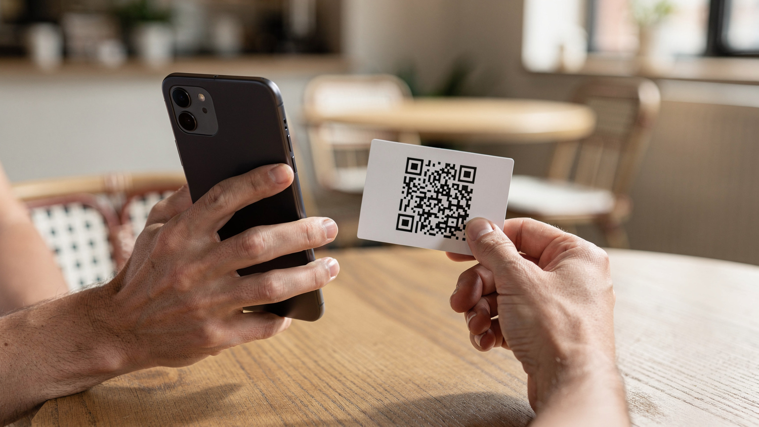 Närbild på händer som håller en smartphone och skannar en QR-kod från en utskriven papperslapp på ett cafébord.