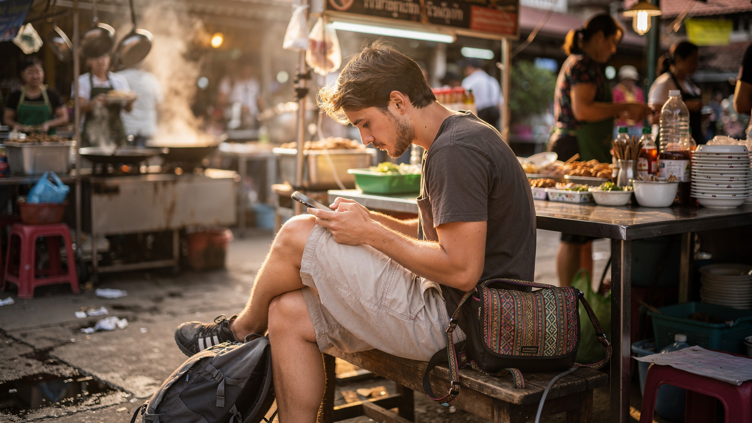 En ung budgetbackpacker tittar på sin telefon med karta öppen, sittande på en bänk vid en livlig gatumarknad i Chiang Mai, Thailand.
