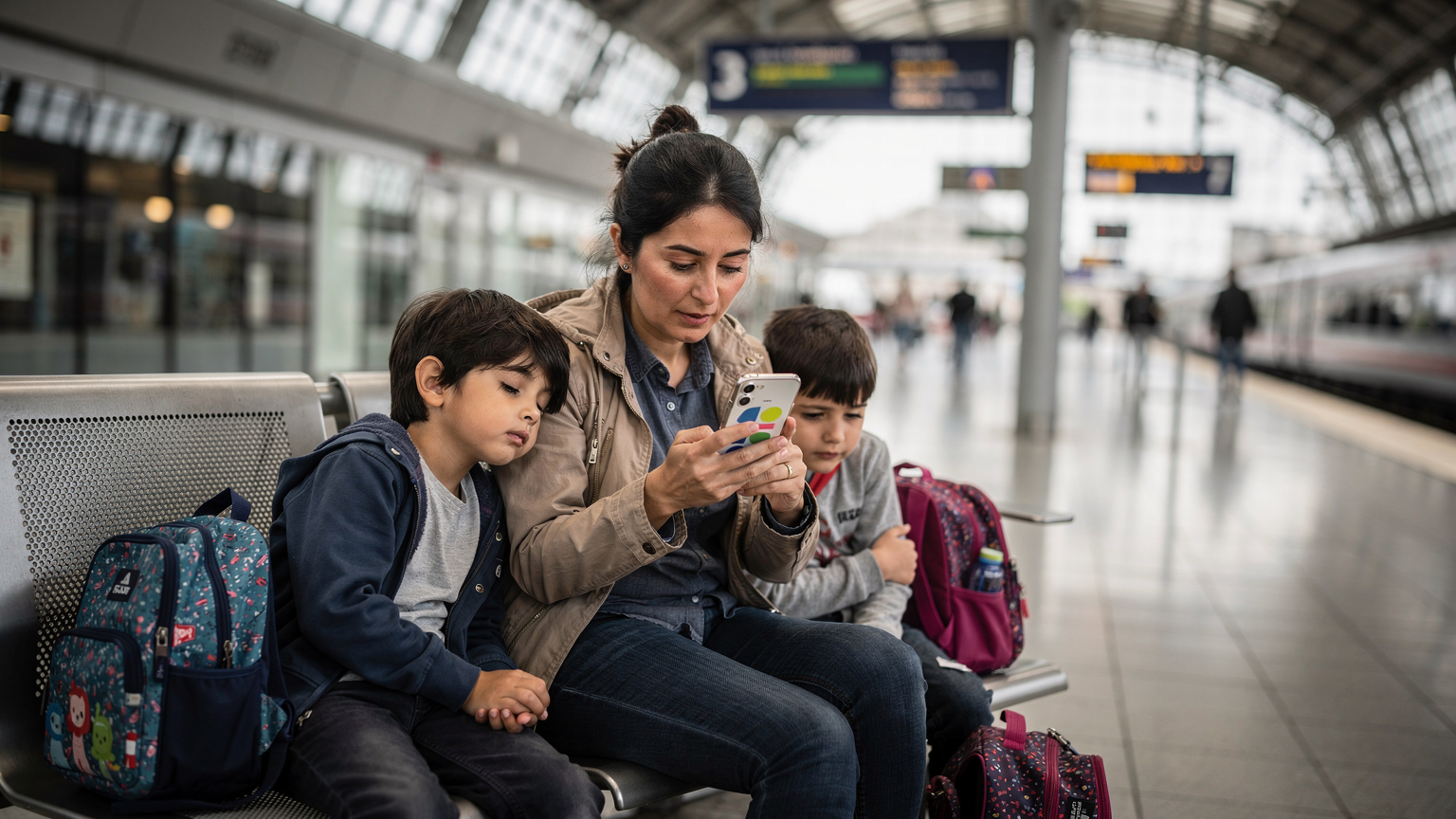 Bir anne, tren istasyonunda beklerken telefonundaki eSIM uygulamasından veri kullanımını kontrol ediyor, çocukları ise yan koltukta uyukluyor.