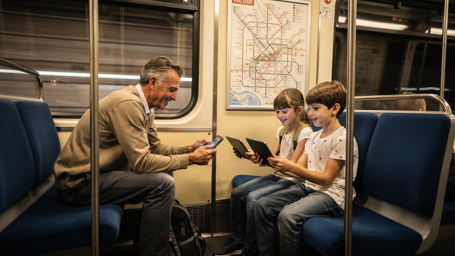 Bir aile, Paris metrosunda otururken, baba telefonundan eSIM kurulumunu bitiriyor ve çocuklarına tabletlerini vererek yüzlerinde gülümseme oluşturuyor.