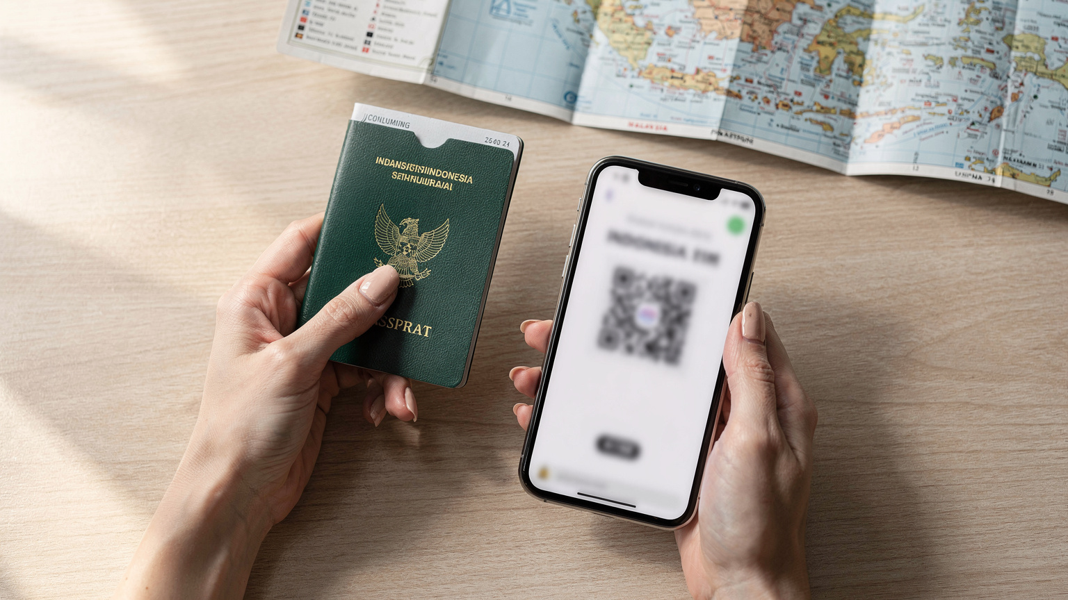 Tangan seorang wanita memegang paspor Indonesia dan ponsel yang menampilkan QR code eSIM, dengan latar belakang peta fisik Malaysia yang terbuka di atas meja kafe yang rapi, dengan pencahayaan alami yang lembut.