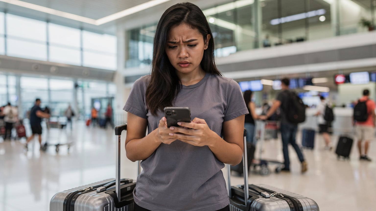 Seorang wanita muda Indonesia sedang memegang ponselnya dengan tatapan cemas di bandara Changi, Singapura, dikelilingi oleh koper dan hiruk pikuk keberangkatan, mencerminkan momen masalah konektivitas.