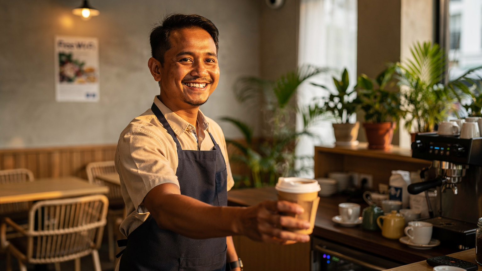 Seorang barista lokal di sebuah kedai kopi di Kuala Lumpur sedang tersenyum ramah sambil menyajikan secangkir kopi, dengan poster Wi-Fi gratis yang terlihat buram di latar belakang, mencerminkan ketersediaan koneksi di tempat umum.