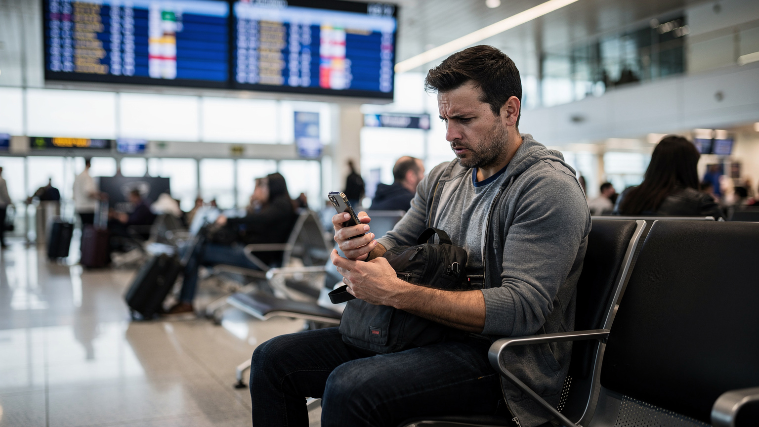 Un viajero con su equipaje de mano en una sala de espera de aeropuerto, revisando ansiosamente su teléfono móvil, que muestra un mensaje de error de conectividad, con frustración evidente en su expresión.