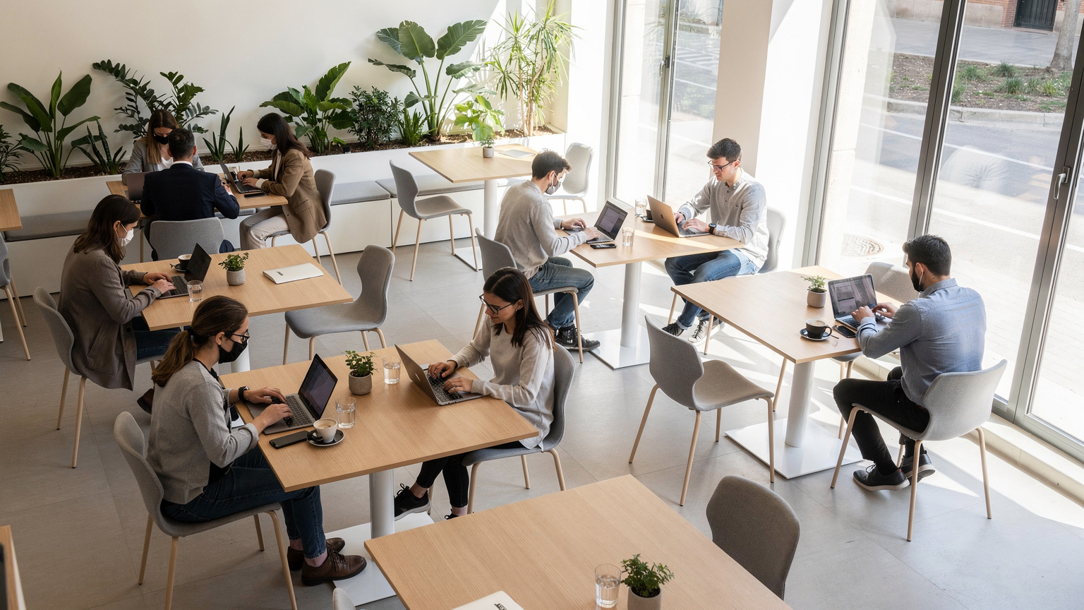 Una vista aérea de un café de coworking moderno y luminoso en el barrio de Poblenou, Barcelona, con personas trabajando en portátiles y teléfonos, destacando la importancia de una conexión fiable para los nómadas digitales.