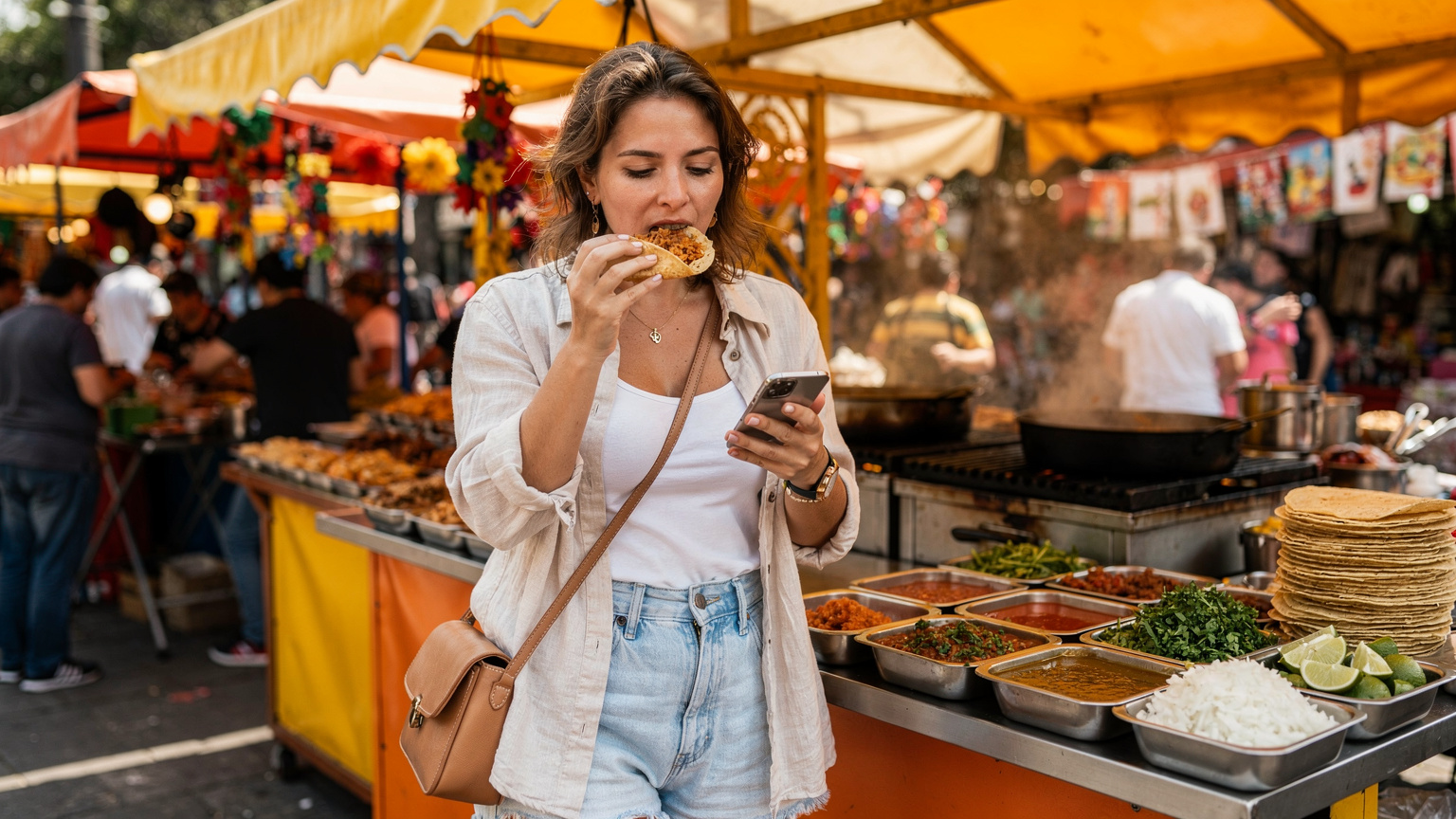 Un viajero en un mercado bullicioso de Ciudad de México, usando su teléfono para navegar mientras disfruta de unos tacos de carnitas, mostrando la utilidad de la conectividad en la vida diaria de un nómada digital.