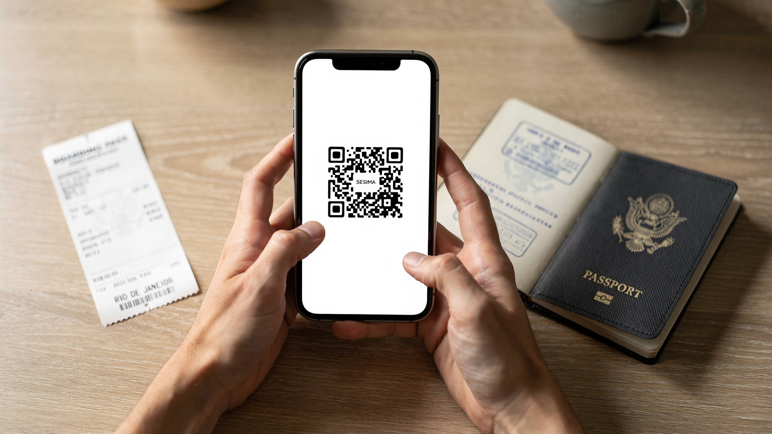 Mãos de um viajante seguram um smartphone, com a tela exibindo um QR code de ativação de eSIM, enquanto um cartão de embarque para o Rio de Janeiro e um passaporte estão sobre uma mesa de café.