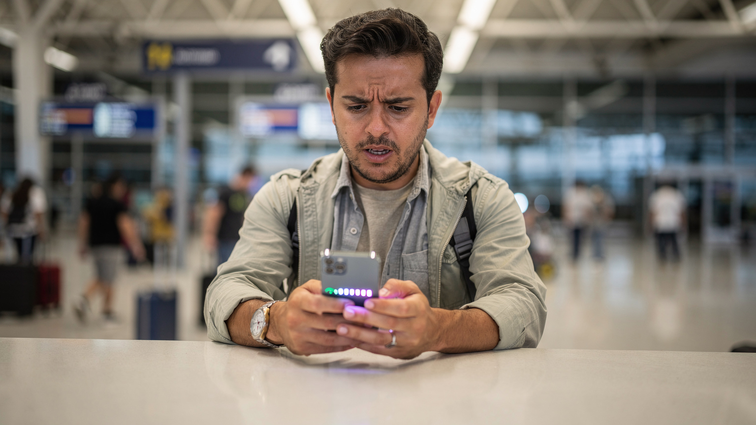 Um viajante frustrado olha para o celular com uma mensagem de "Sem Serviço" em um balcão de atendimento no Aeroporto Internacional do Galeão (GIG), com o fundo borrado do terminal de passageiros.