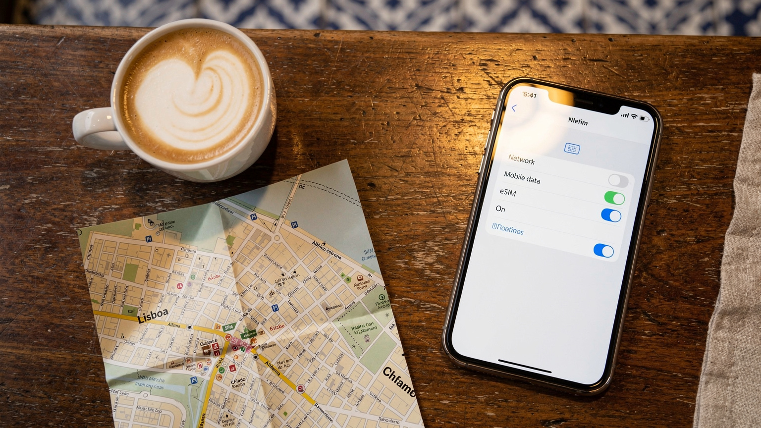 Uma mesa de café em Lisboa com um café, um mapa físico da cidade, e um smartphone exibindo a tela de configurações de rede, com o perfil eSIM ativado.