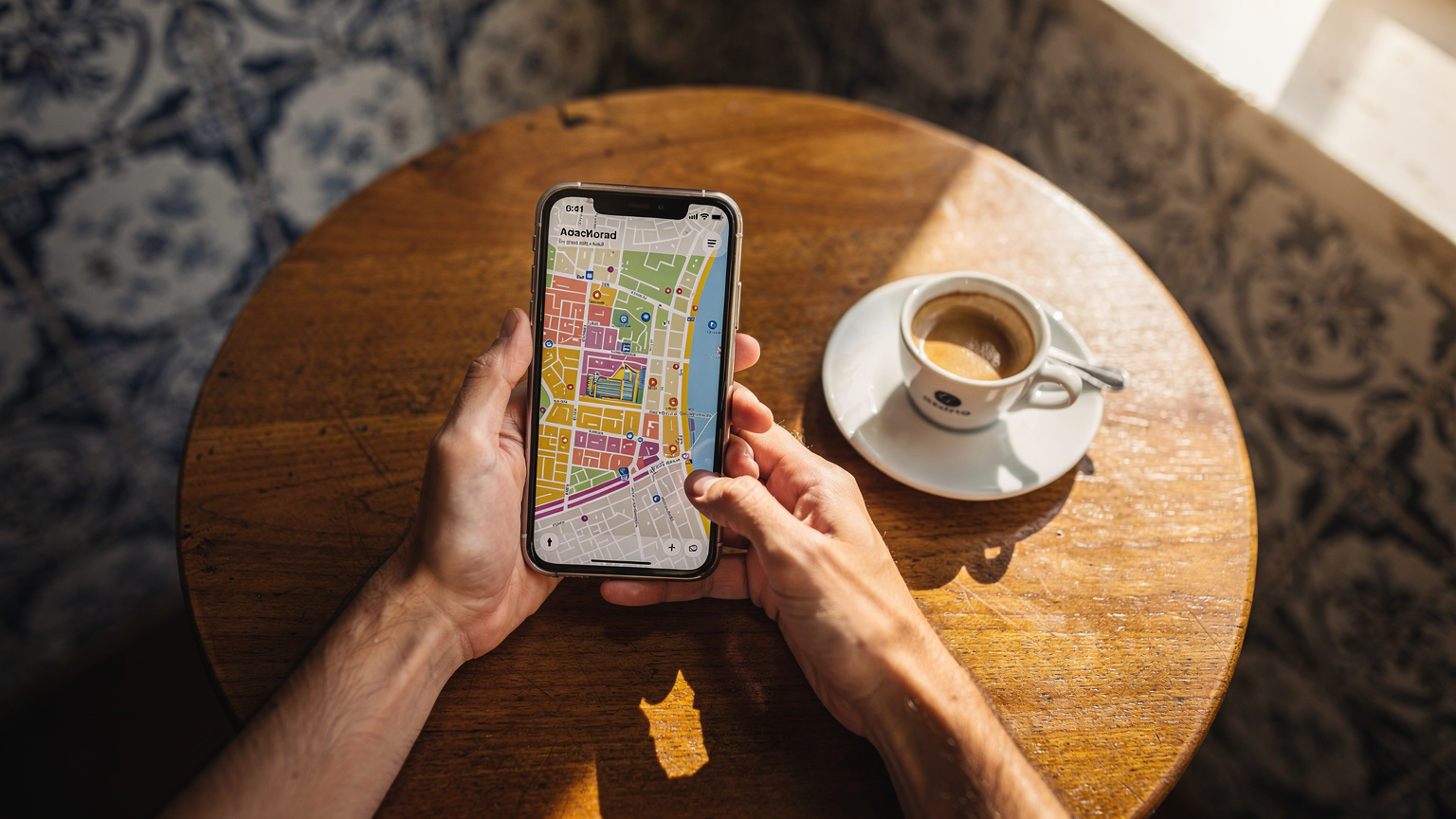 Uma pessoa com um smartphone em uma mesa de café em Lisboa, com um mapa da cidade aberto na tela, mostrando o planejamento da rota para o festival.