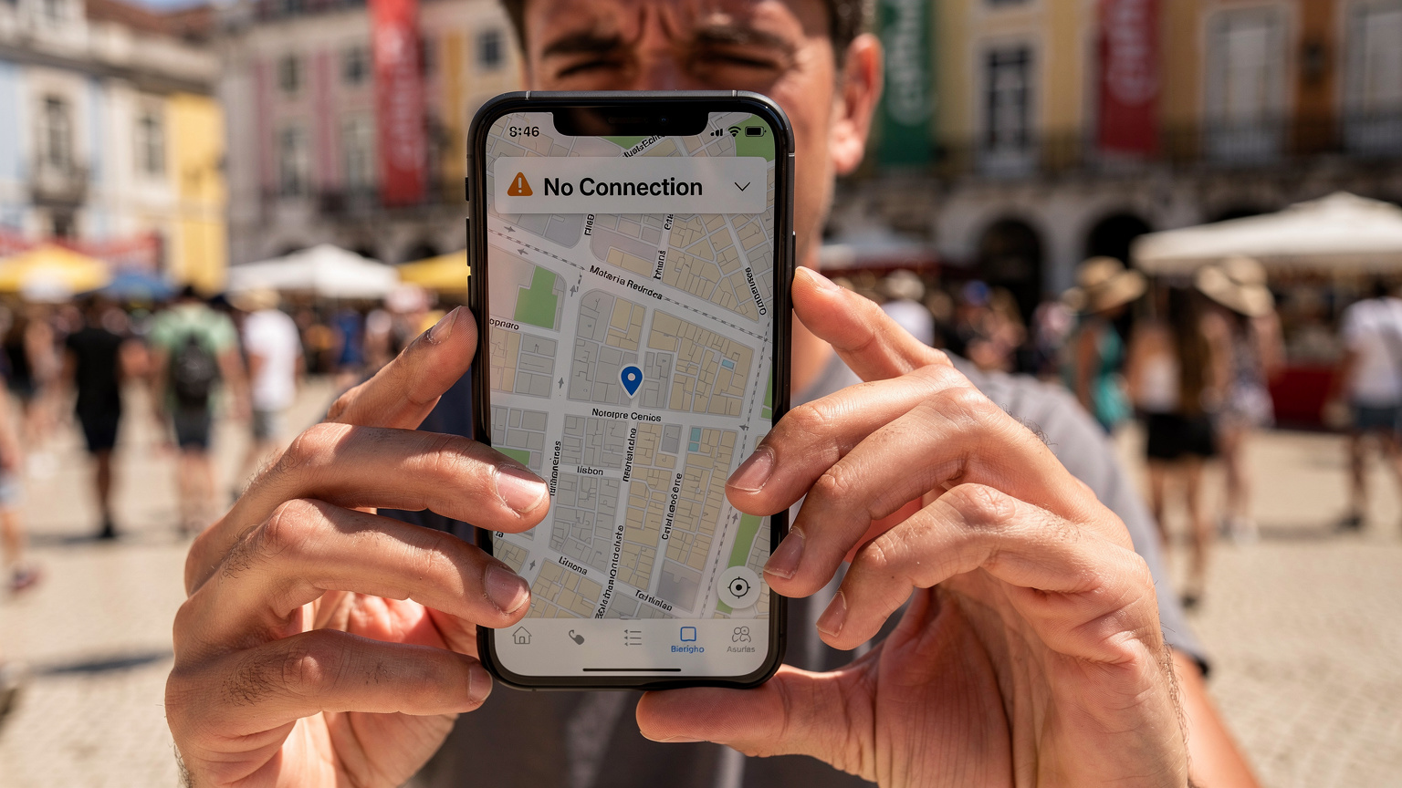 Mãos de uma pessoa tentando encontrar sinal de celular em um aplicativo de mapa durante um festival lotado em Lisboa, com a tela mostrando 'Sem Conexão'.