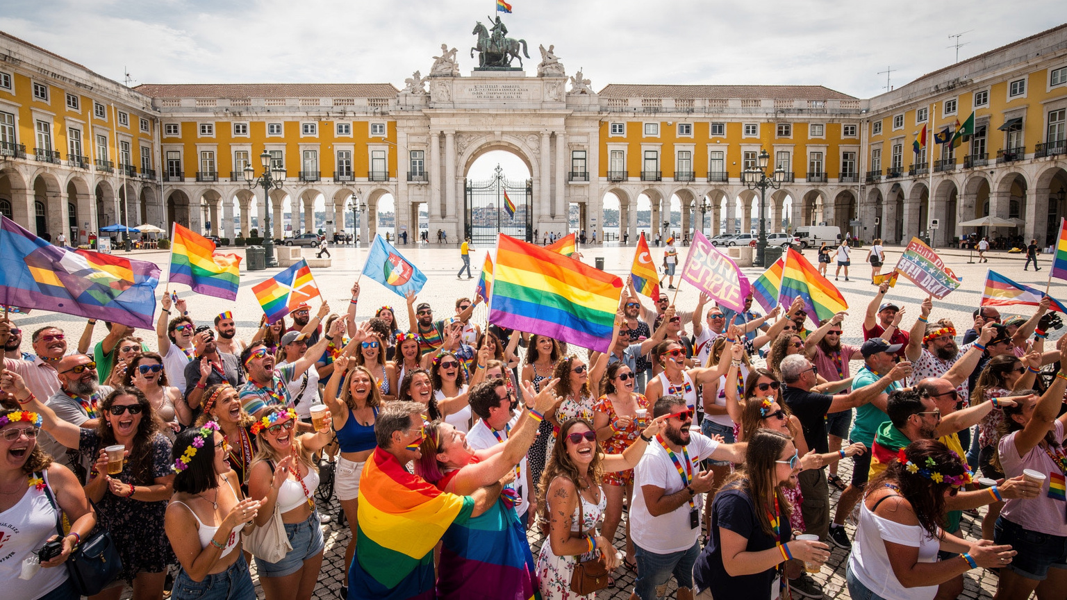Uma multidão animada celebrando no Arraial Pride em Lisboa, com bandeiras e pessoas sorrindo, mostrando a energia do evento.