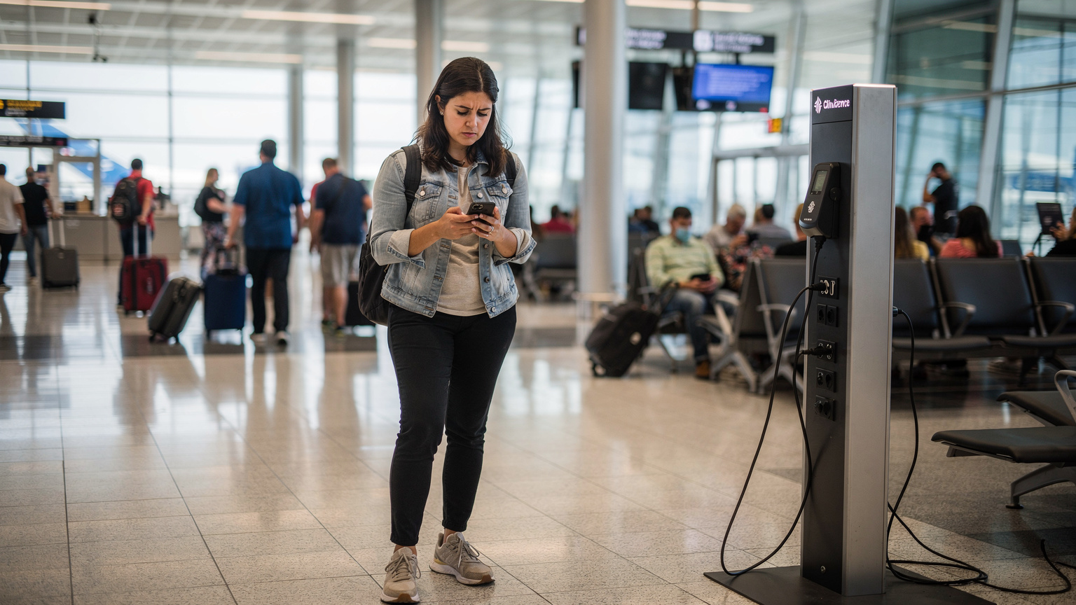 Cestovateľka sa snaží pripojiť na Wi-Fi na rušnom letisku JFK v New Yorku, zatiaľ čo kontroluje svoj telefón.