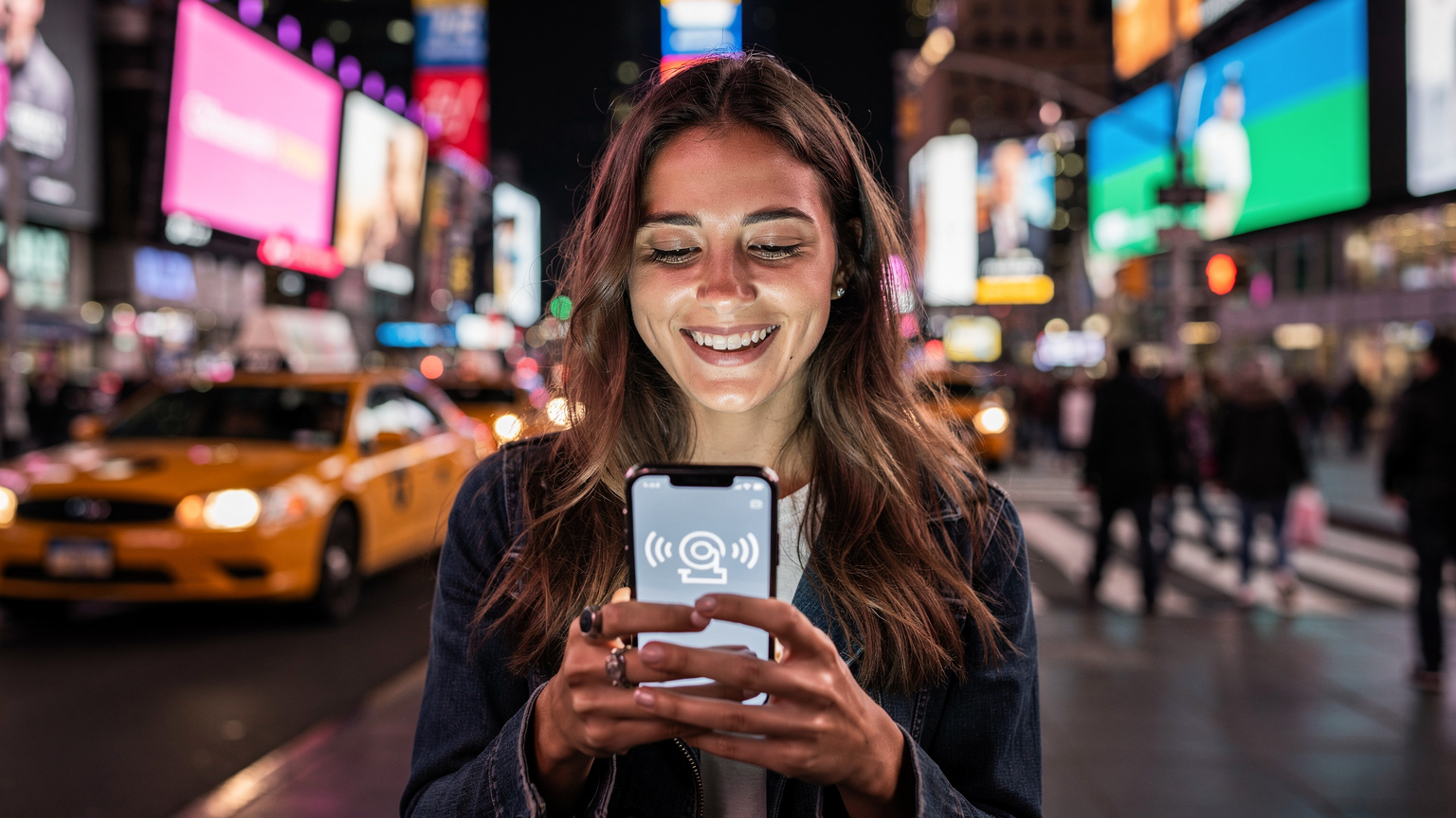 Cestovateľka s úsmevom kontroluje obrazovku svojho telefónu, ktorá zobrazuje úspešnú inštaláciu eSIM, v rušnej štvrti Times Square, New York.