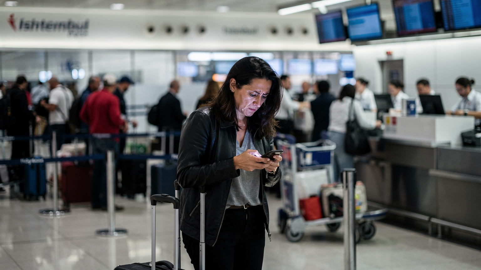 A frustrated traveler at a crowded airport check-in counter in Istanbul, looking at their phone with a concerned expression, illustrating a common travel friction point related to connectivity or flight information.
