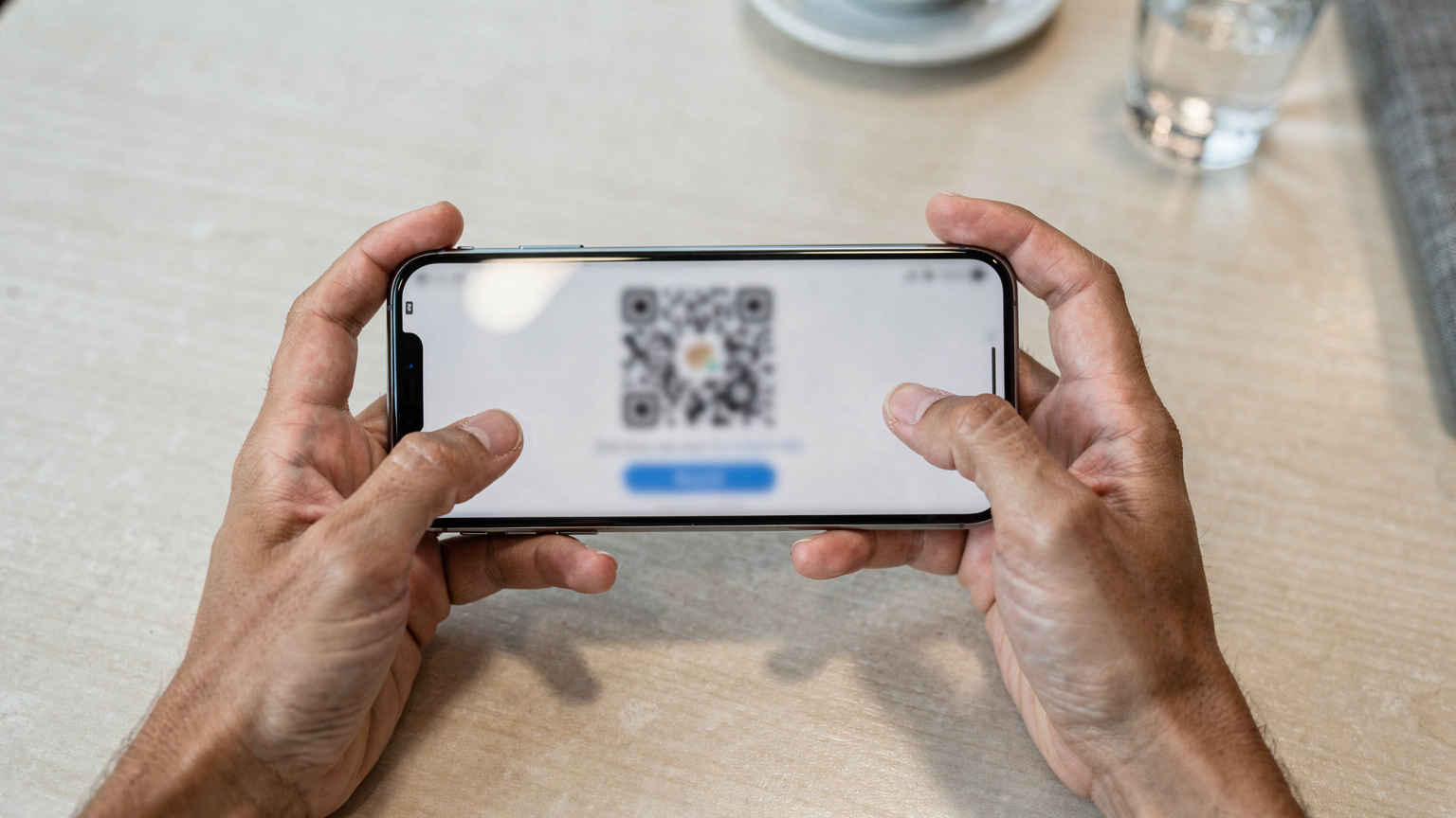 A close-up shot of a traveler's hands holding a smartphone, with a QR code visible on the screen, ready to scan for eSIM activation in a brightly lit, modern setting like an airport lounge.