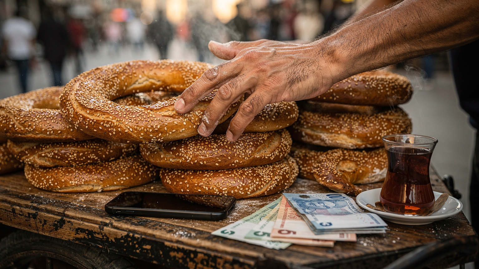 A close-up of a Turkish simit vendor's hands expertly arranging freshly baked simits on a street cart in Istanbul, with a modern smartphone subtly placed next to a small stack of Turkish Lira notes, illustrating local life and commerce.