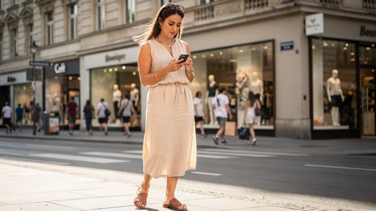 Una donna italiana, elegantemente vestita, consulta una mappa sul suo smartphone mentre si trova in una vivace via dello shopping a Berlino, con negozi e passanti sullo sfondo.