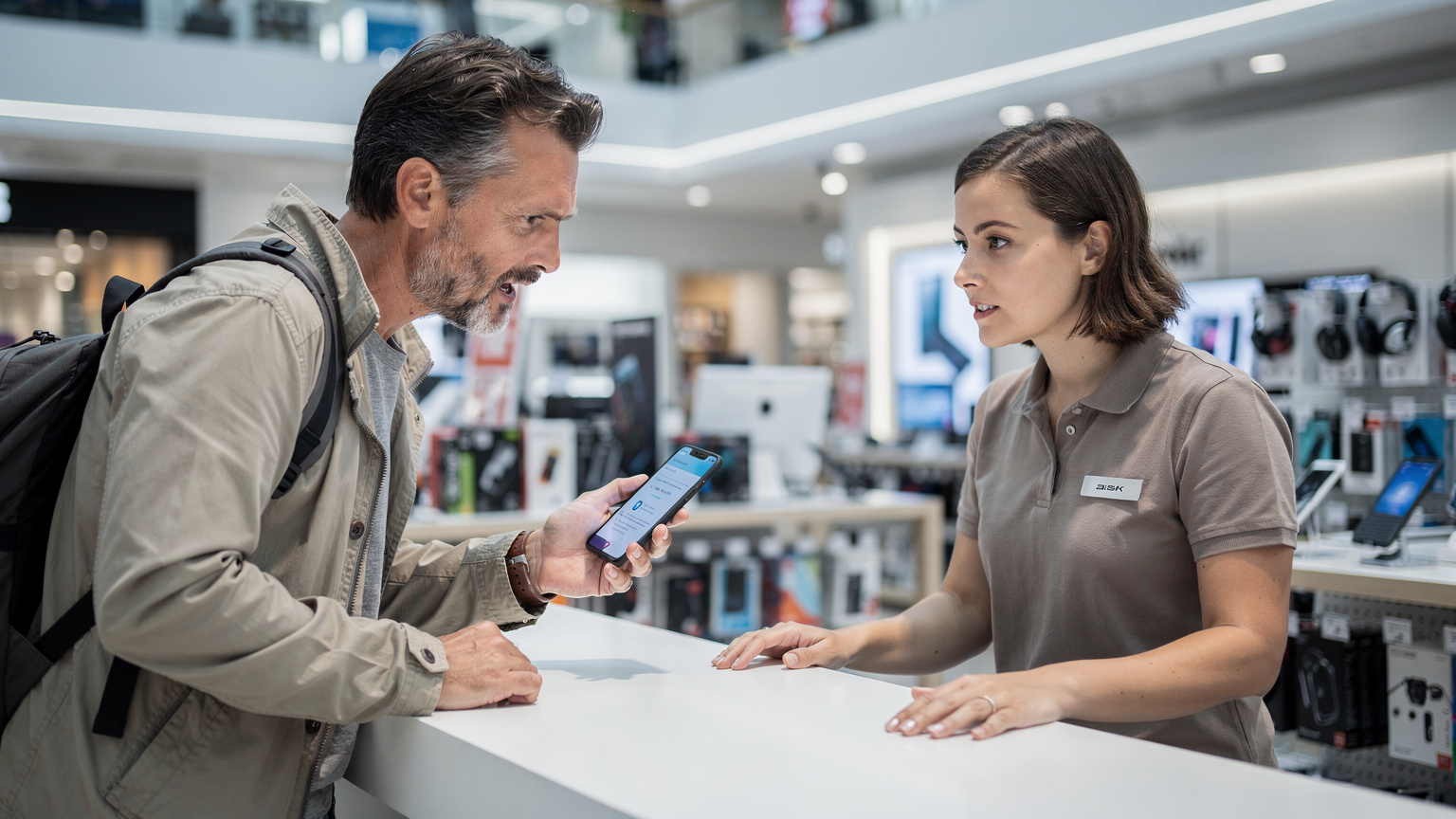 Un viaggiatore frustrato al banco del servizio clienti di un negozio di elettronica a Berlino, con uno smartphone in mano che mostra un errore di connessione, mentre il personale del negozio cerca di aiutarlo.