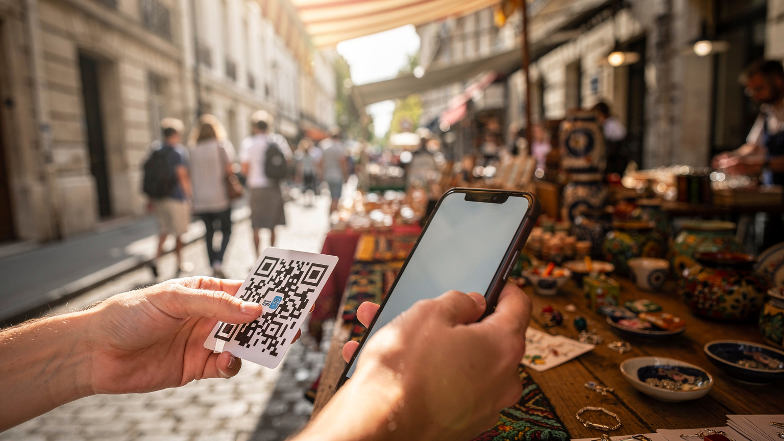 Una persona in un affollato mercato di strada a Parigi usa il suo smartphone per scansionare un codice QR sul bancone di un venditore, mentre si intravedono borse della spesa e bancarelle colorate sullo sfondo.
