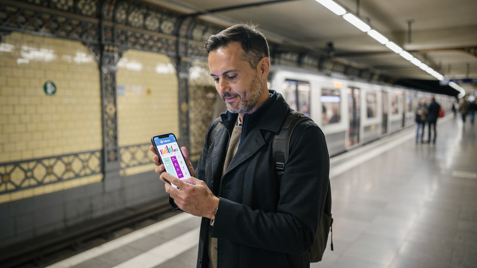 Bir seyyah, bir Viyana U-Bahn istasyonunun (örneğin Karlsplatz) peronunda beklerken, telefonunu kullanarak Cellesim uygulamasından veri kullanımını kontrol ediyor. Ekranında grafikler ve kalan GB miktarı görünüyor. Arka planda Viyana metrosunun tipik sarı-gri renkleri ve bir trenin hafifçe bulanık görüntüsü.