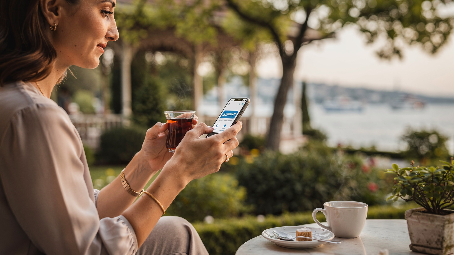 Bir kadın, İstanbul'daki tarihi bir çay bahçesinde (örneğin Emirgan Korusu'ndaki Beyaz Köşk), çayını yudumlarken telefonundan Cellesim uygulamasını kullanarak yeni bir eSIM paketi yüklüyor. Ekranında 'veri kullanımını takip et' gibi ifadeler görünüyor.