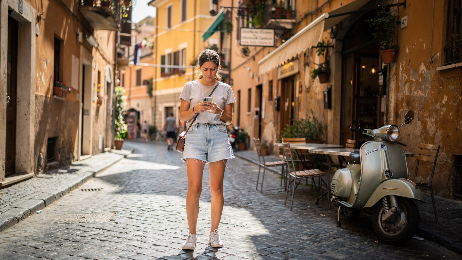 Roma'nın dar sokaklarından birinde, elinde telefonuyla haritaya bakan genç bir kadın, telefonunun çekmediğini fark edip endişeli bir yüz ifadesiyle ekranına bakıyor. Arka planda tarihi Roma yapıları ve bir İtalyan kafesi (örneğin, Caffe Sant'Eustachio) görünüyor.