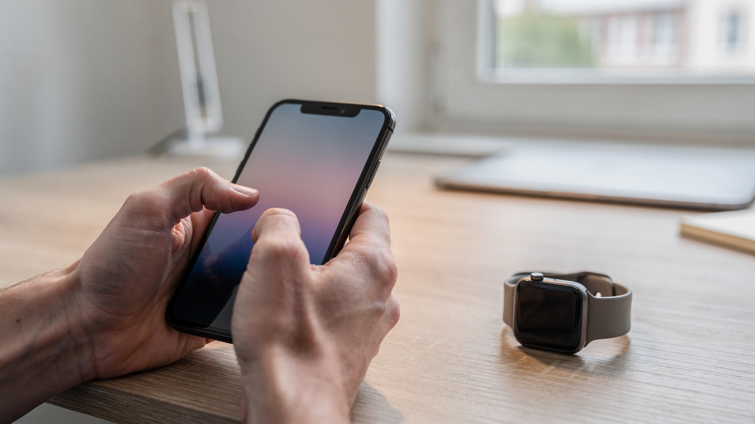 Eine Nahaufnahme einer Hand, die auf dem Bildschirm eines iPhones die Watch-App öffnet, um die eSIM-Einstellungen zu konfigurieren, mit der Apple Watch im Hintergrund.
