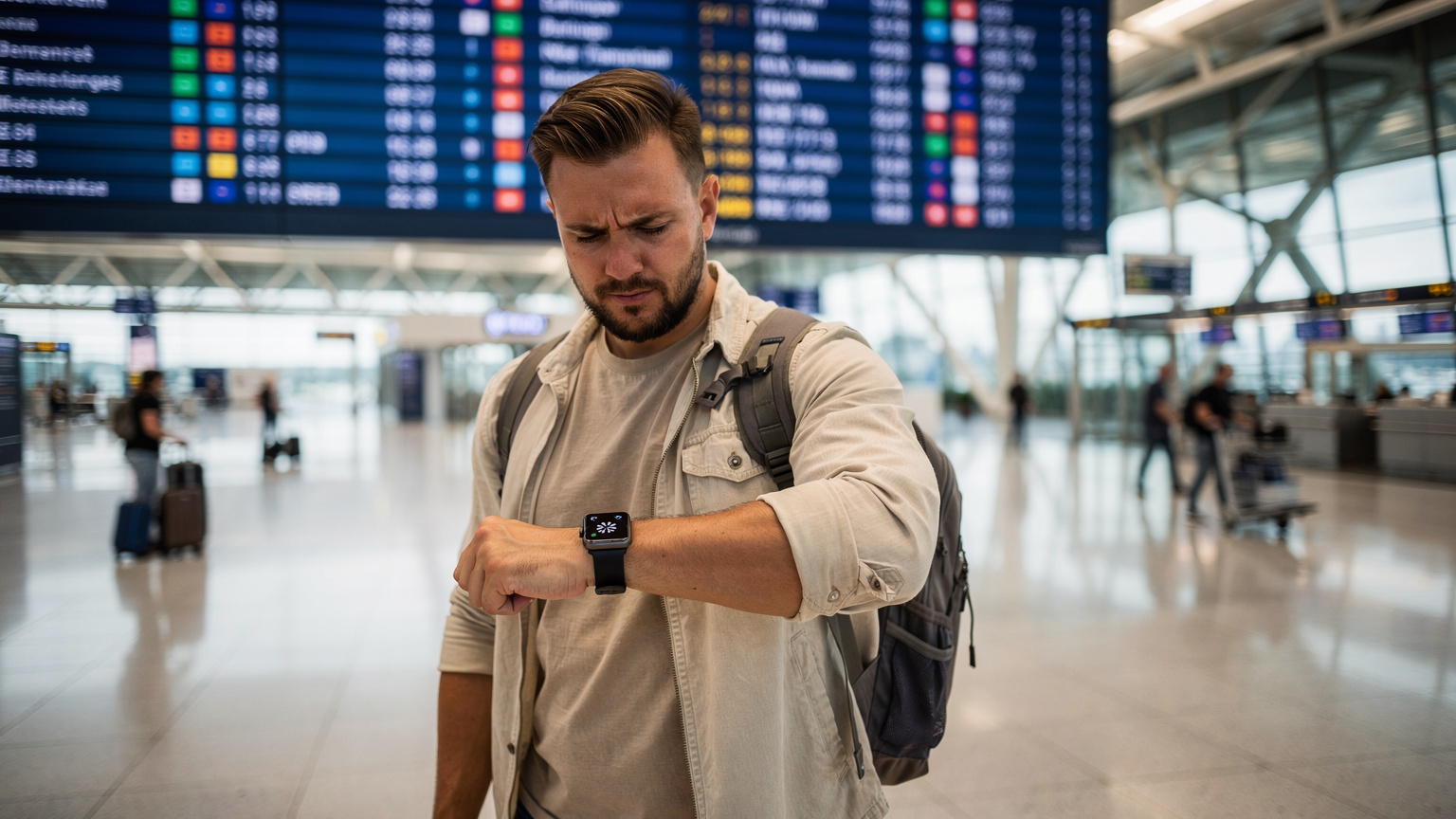 Ein Reisender am Flughafen Berlin Brandenburg, der frustriert auf seine Apple Watch schaut, die keine Verbindung anzeigt, während im Hintergrund eine Abflugtafel zu sehen ist.