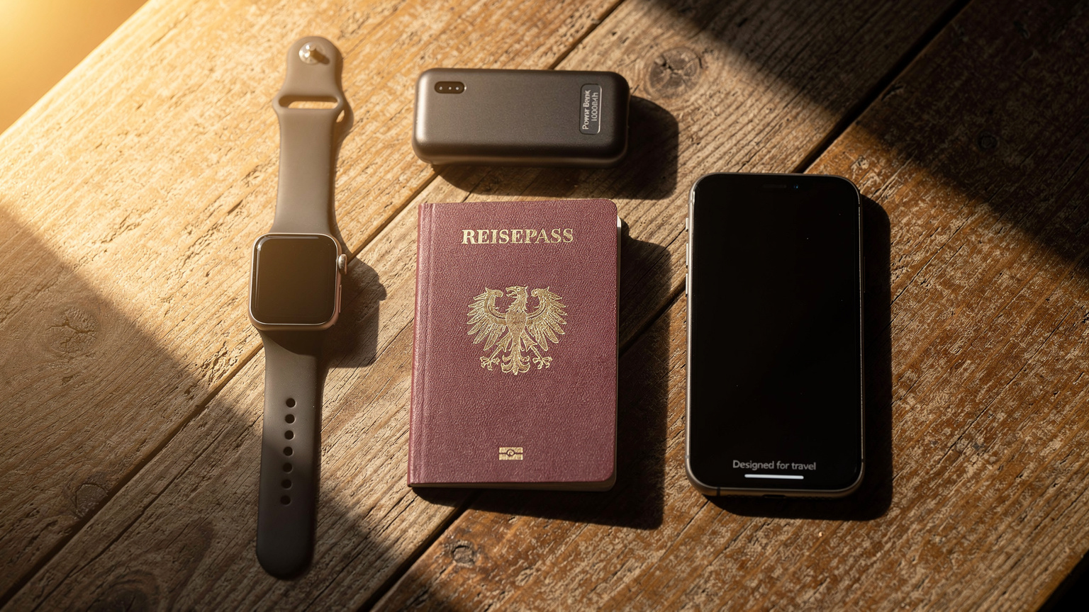 Ein Overhead-Flat-Lay-Foto eines Reisepasses, einer Apple Watch, einer Powerbank und eines iPhones auf einem Holztisch, bereit für eine Reise.