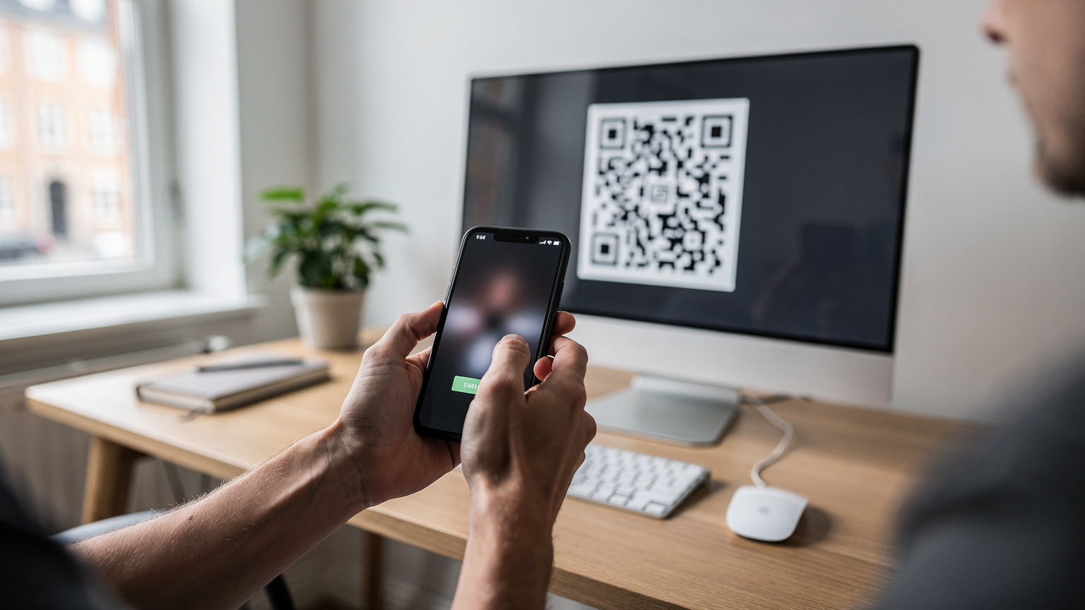 En person scanner en QR-kode på en skærm for at aktivere et eSIM, med en mobiltelefon i forgrunden, der viser aktiveringsprocessen.