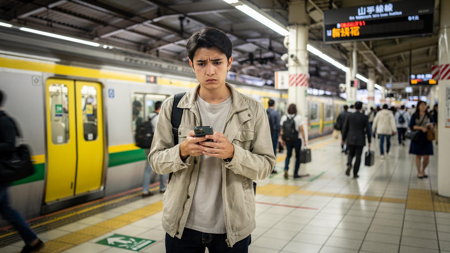 一位旅客在日本車站月台上,焦急地看著手機,似乎遇到了網路連接問題。