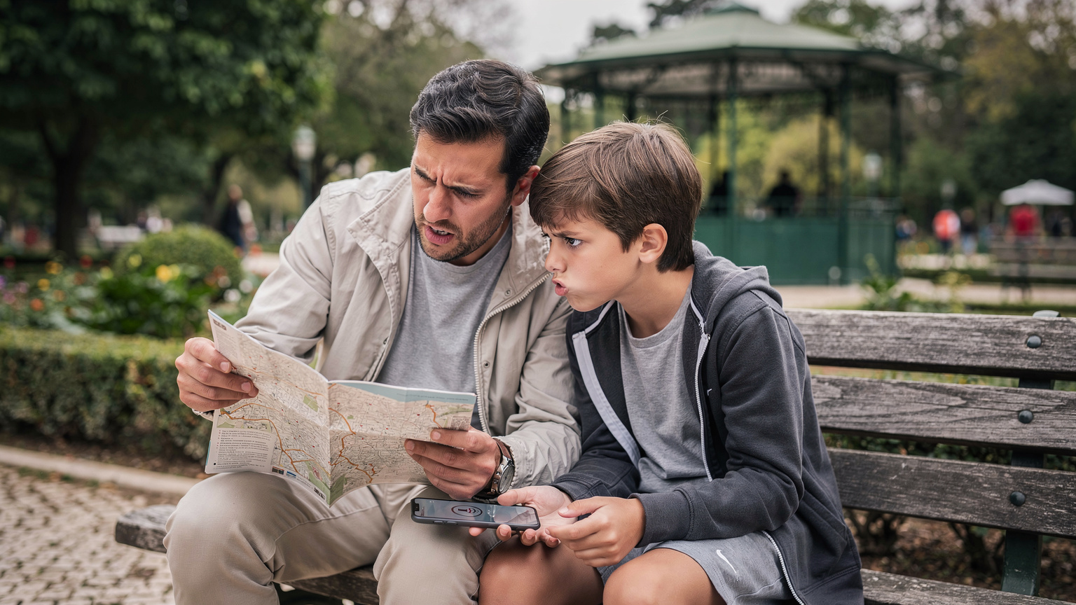 Um pai e um filho, ambos com expressão de frustração, olham para um mapa dobrado e um smartphone sem sinal, sentados em um banco de parque em Lisboa, simbolizando um problema de conectividade em viagem.
