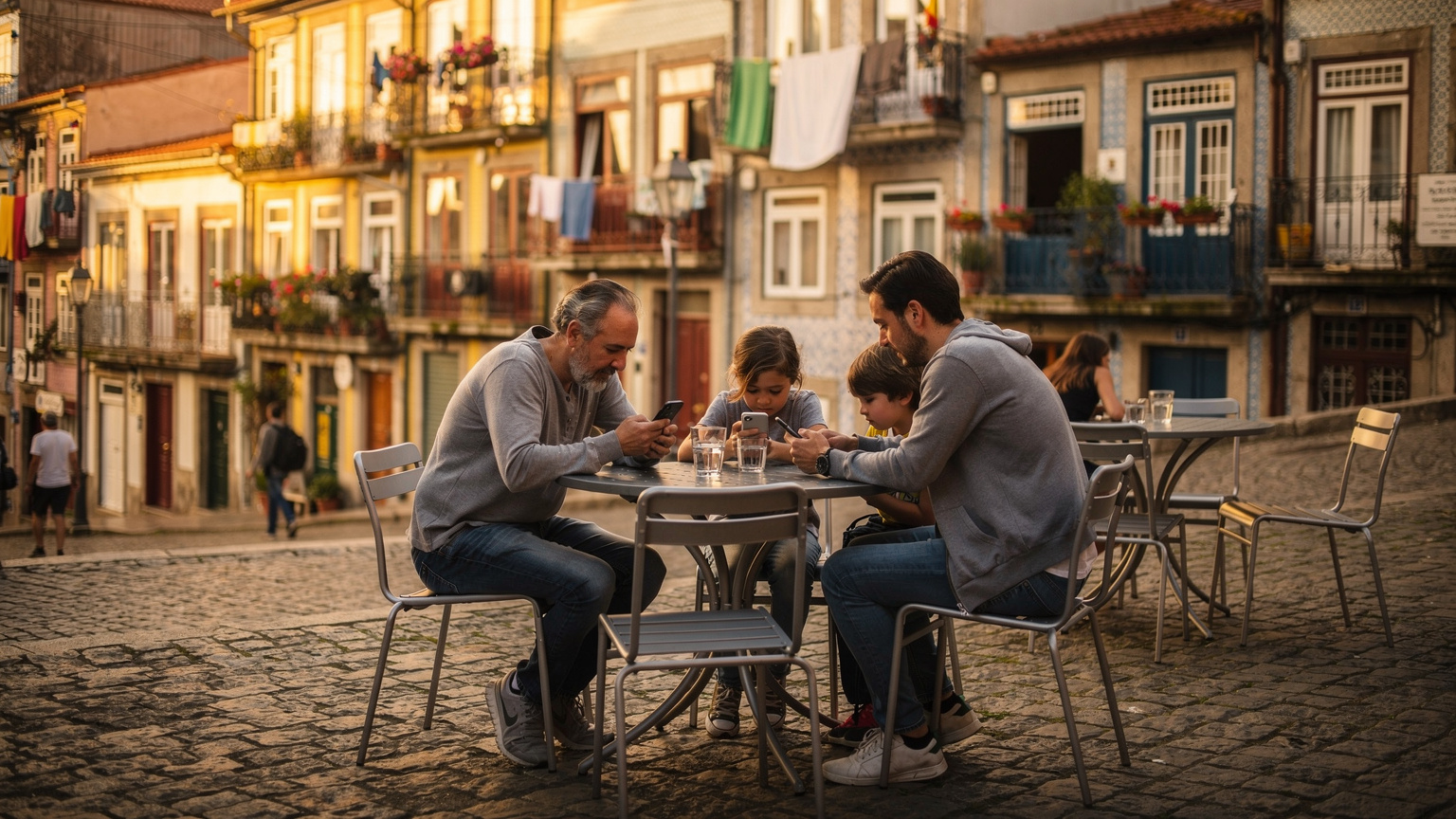 Uma família com dois filhos, olhando para os seus smartphones, está sentada em uma mesa de café ao ar livre em um bairro histórico do Porto, com casas coloridas e arquitetura tradicional ao fundo.