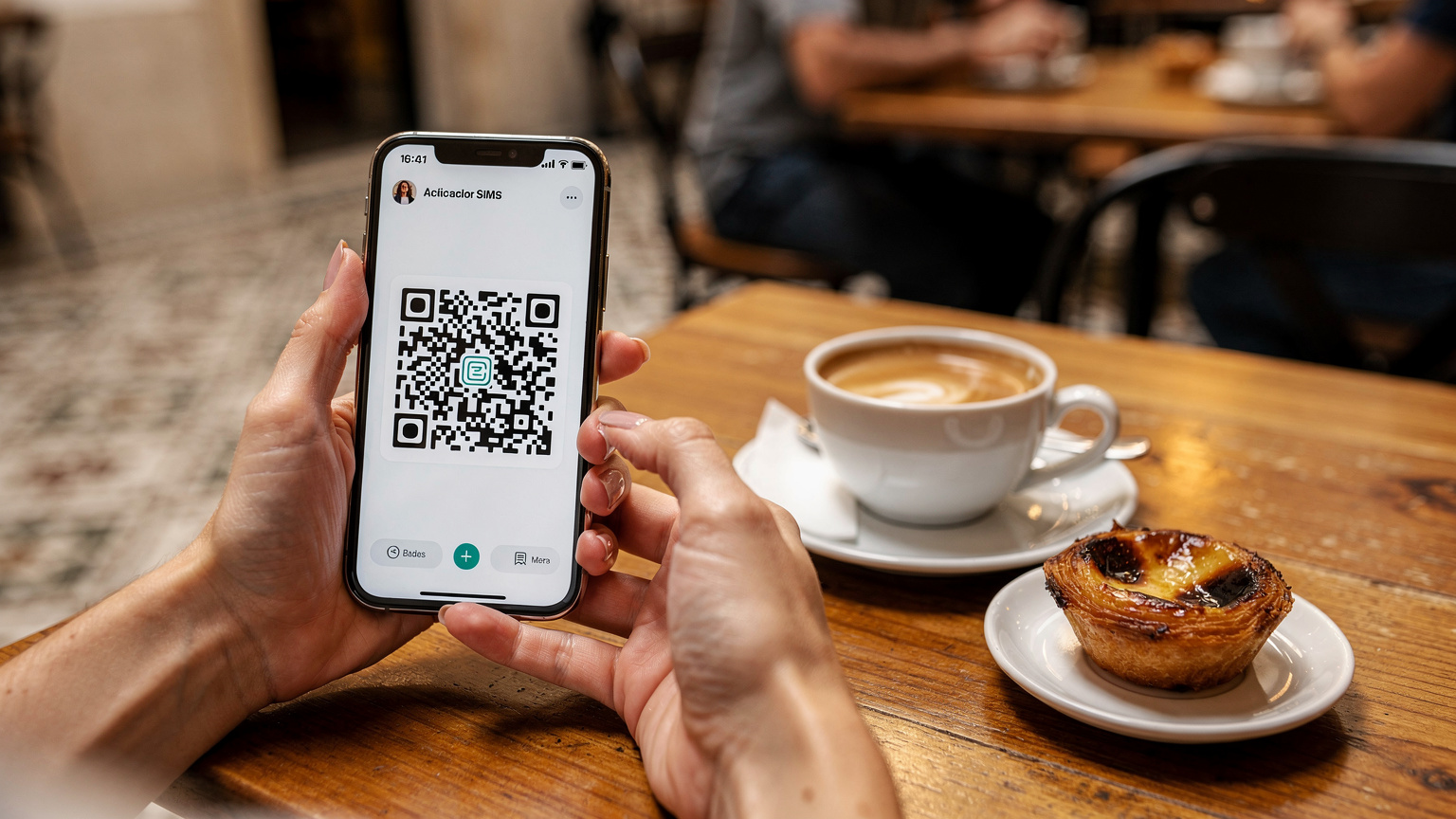 Mãos femininas seguram um smartphone de última geração exibindo uma tela de ativação de eSIM via QR code, numa mesa de um café em Lisboa, com uma bica e um pastel de nata ao lado.