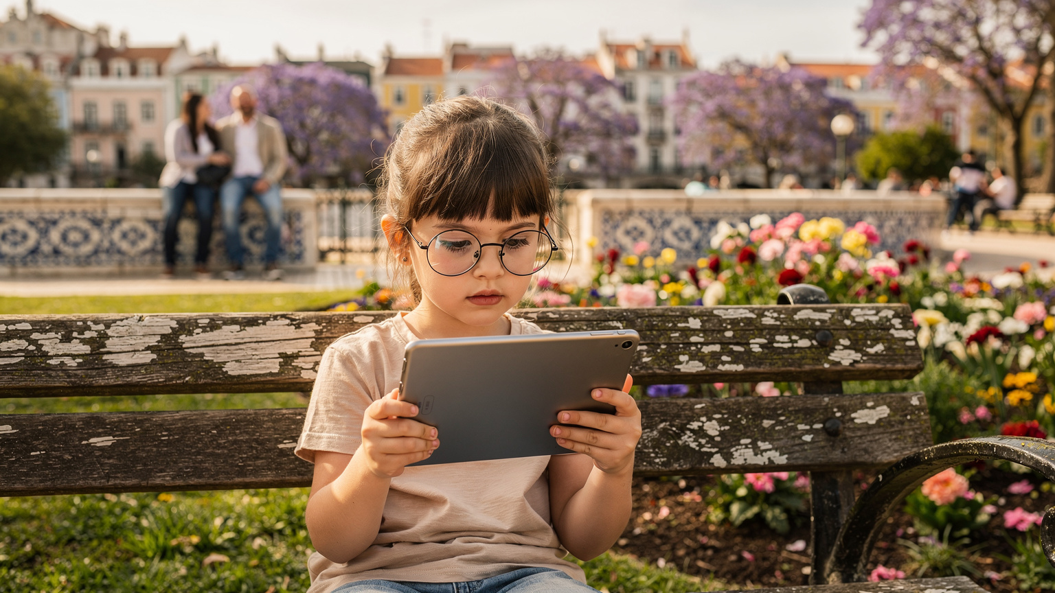 Uma criança com óculos, sentada num banco de madeira em um jardim florido em Lisboa, está completamente absorvida por um tablet, enquanto ao fundo, em desfoque, os seus pais conversam e apreciam a paisagem urbana com edifícios antigos.