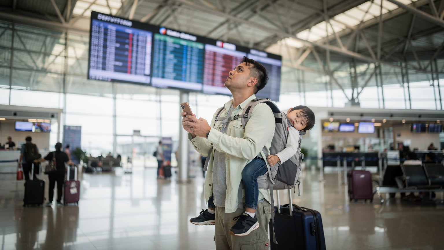 En travel reisende med en iPhone sjekker flyinformasjon på en skjerm inne i en moderne flyplassterminal i Bangkok, med ryggsekk og et lite barn sovende i en bæresele på ryggen.