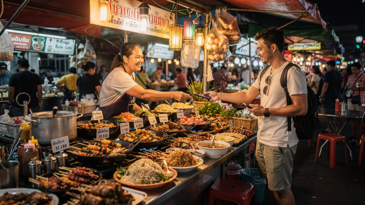 En travel gatebod i Bangkok, Thailand, med en rekke fargerike og eksotiske matvarer. En turist betaler med mobilen, mens selgeren smiler.