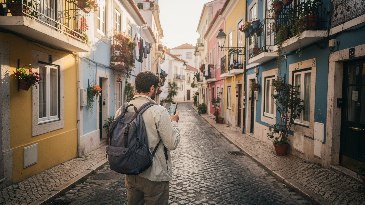 Uma rua estreita e pitoresca em Alfama, Lisboa, com casas coloridas e varandas floridas, onde um turista usa o telemóvel para procurar direções.