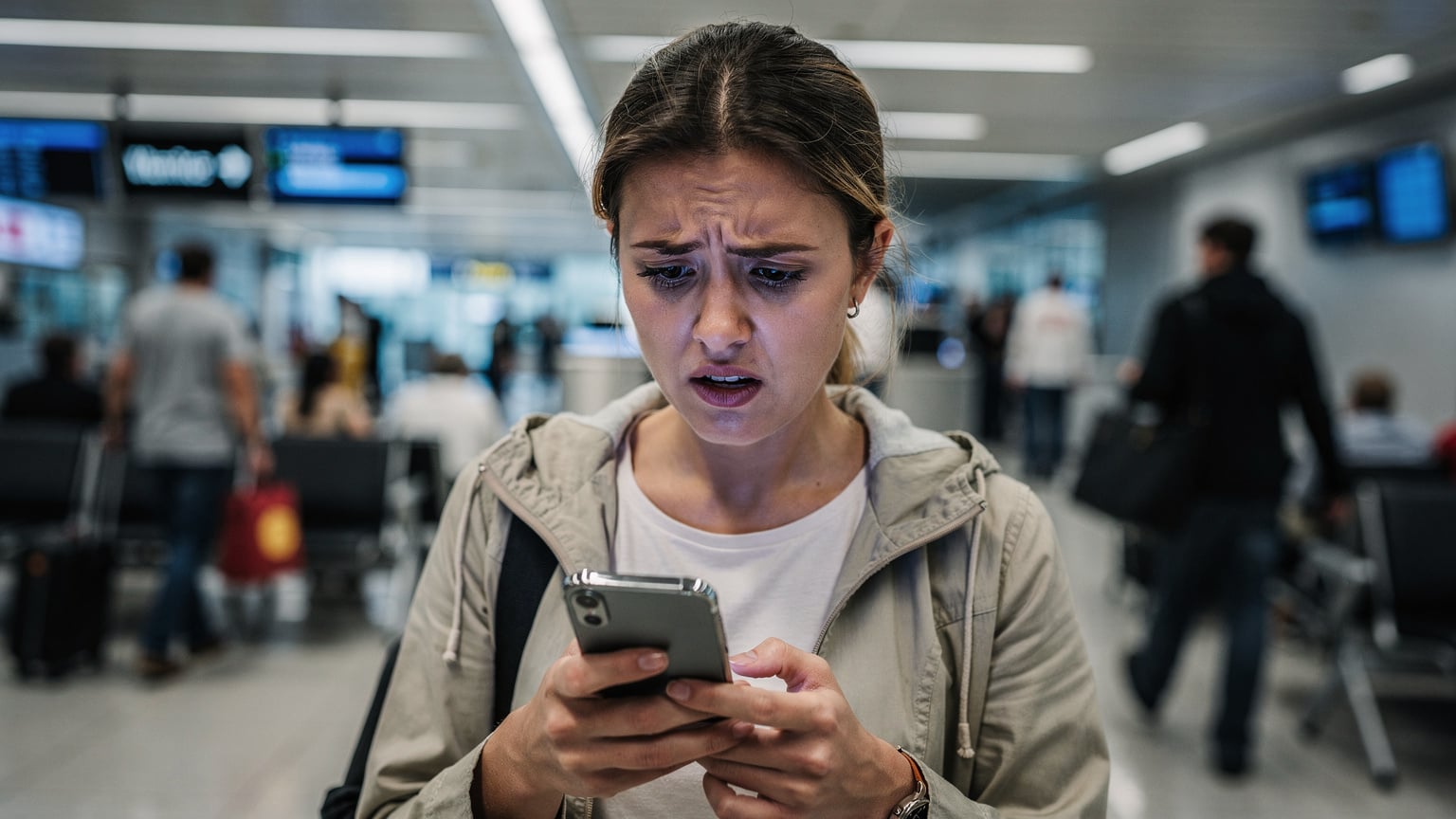 Uma mulher frustrada no saguão de um aeroporto movimentado, olhando para o seu telefone com uma expressão de preocupação, enquanto outros passageiros passam apressados.