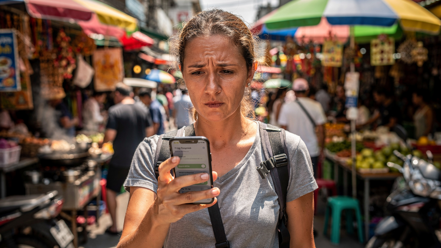 Hareketli bir Asya sokak pazarında, elinde akıllı telefon tutan bir kadın, telefonunun ayarlar menüsünde Wi-Fi simgesini endişeyle kontrol ediyor, sinyal gücü zayıf görünüyor.