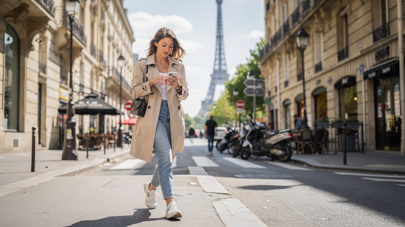 Paris'in hareketli bir sokağında, bir seyahat blog yazarı akıllı telefonundaki eSIM uygulamasını dikkatle inceliyor, arka planda Eyfel Kulesi belirgin bir şekilde görünüyor.