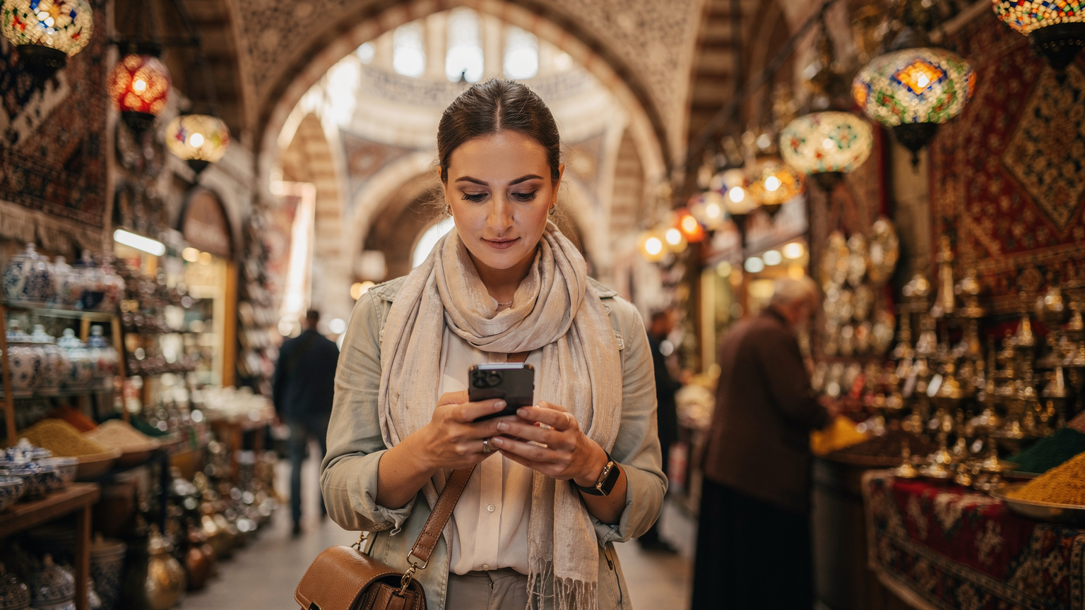 Kapalı Çarşı'nın otantik atmosferinde, bir seyyah elindeki akıllı telefondan mobil bankacılık uygulamasında döviz kurlarını kontrol ediyor, arka planda geleneksel el sanatları dükkanları var.