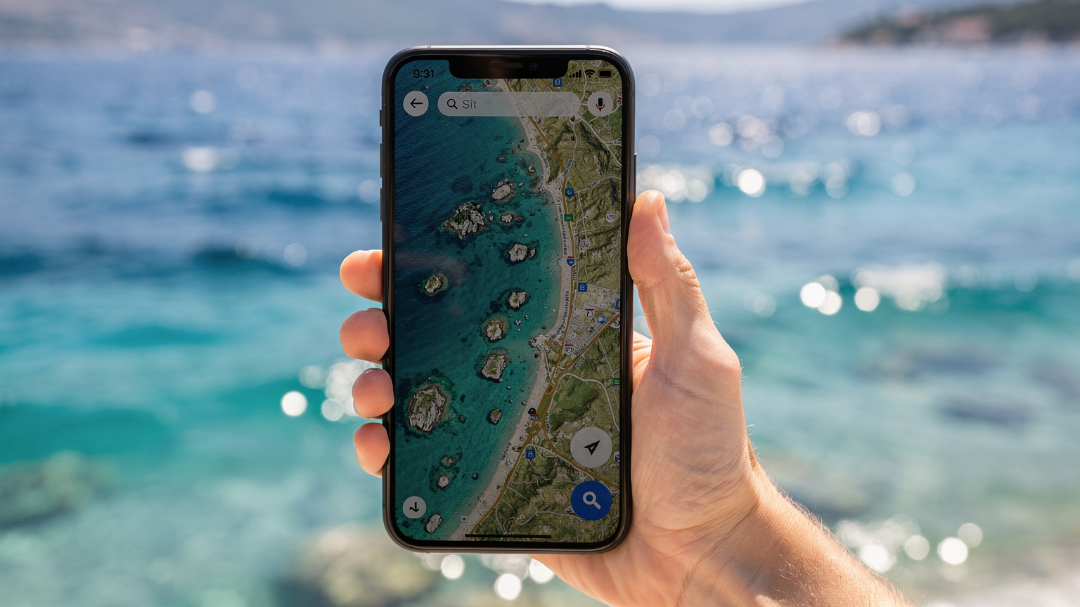 En hand håller en smartphone som visar en detaljerad Google Maps-karta över Kroatiens kust, med turkost hav och små öar i bakgrunden.