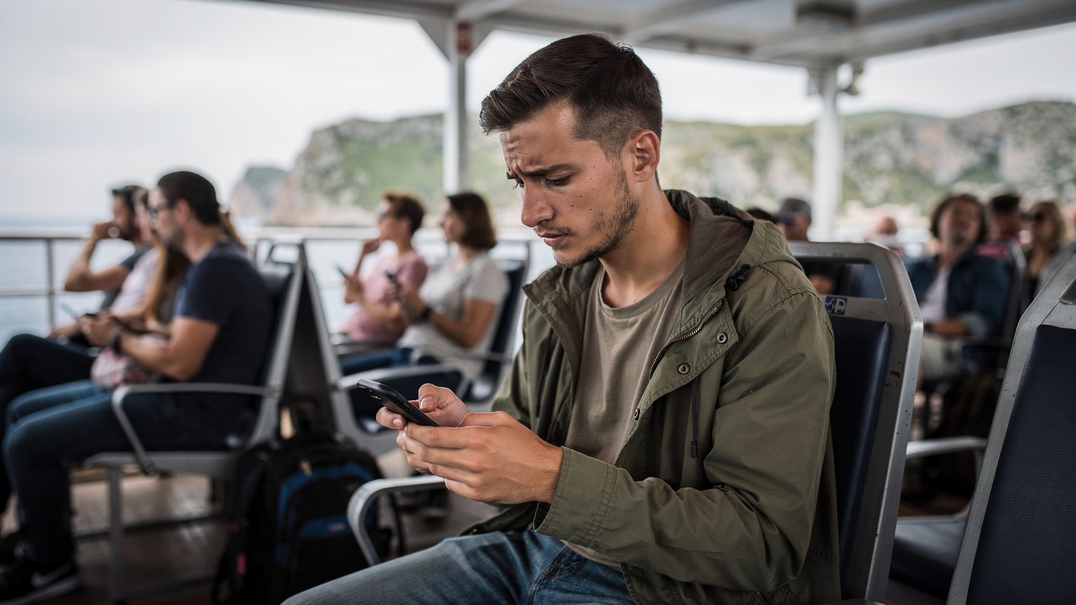 En ung man sitter på en överfull färja mellan kroatiska öar, med en smartphone i handen, ser frustrerad ut med dålig signal eller brist på täckning.